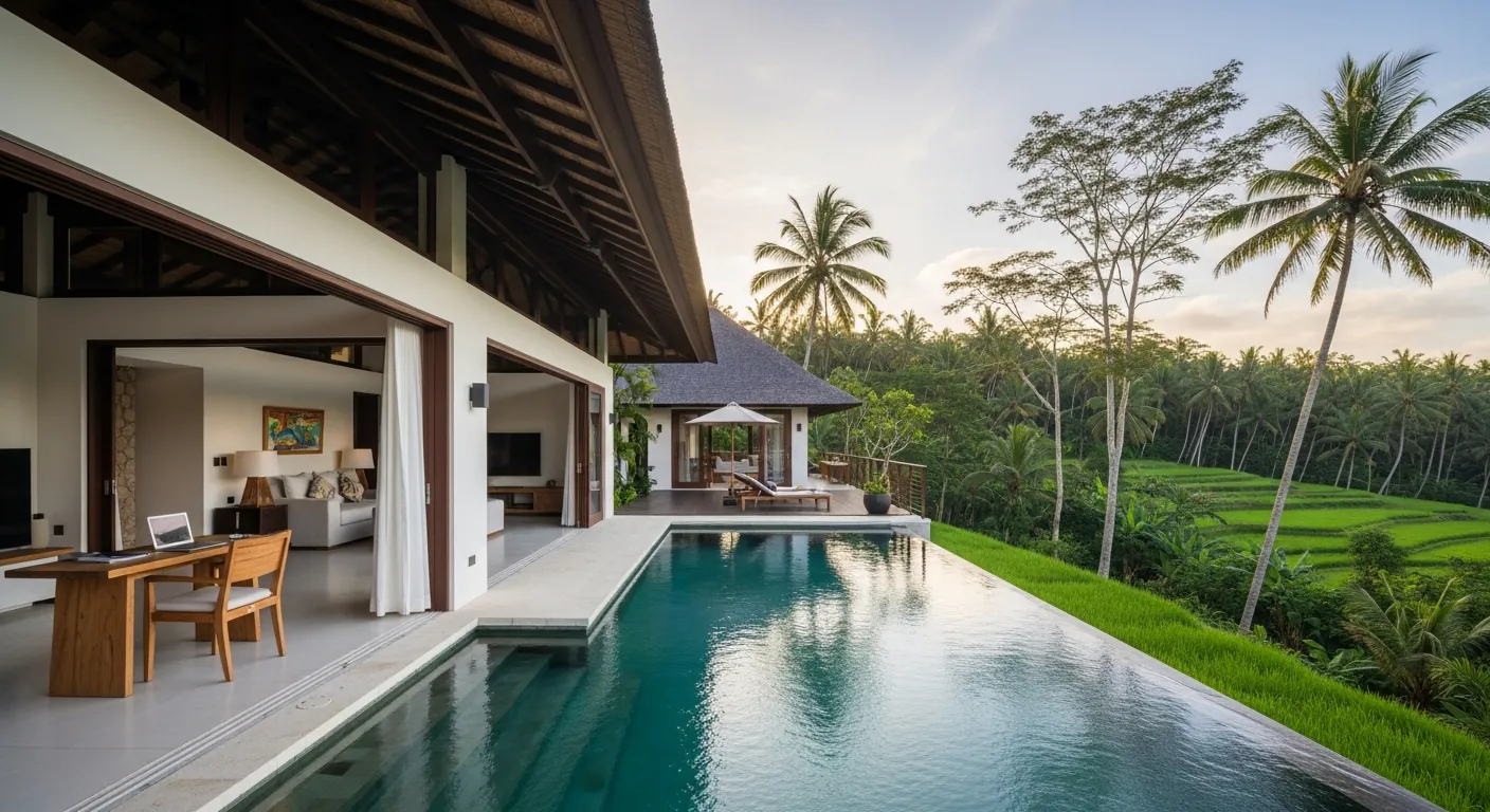 Luxurious modern Bali Nomad Villa with an infinity pool overlooking a tropical landscape under a serene sky.