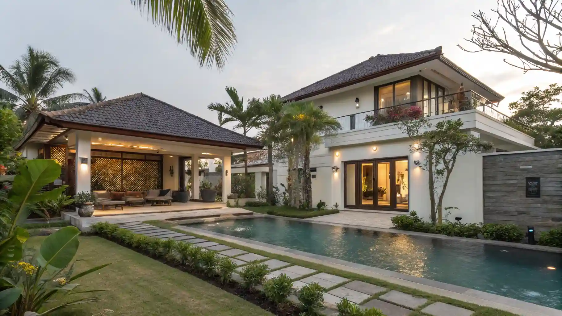 Balinese villa pavilion lit at dusk behind a candle-lined private pool in Bali
